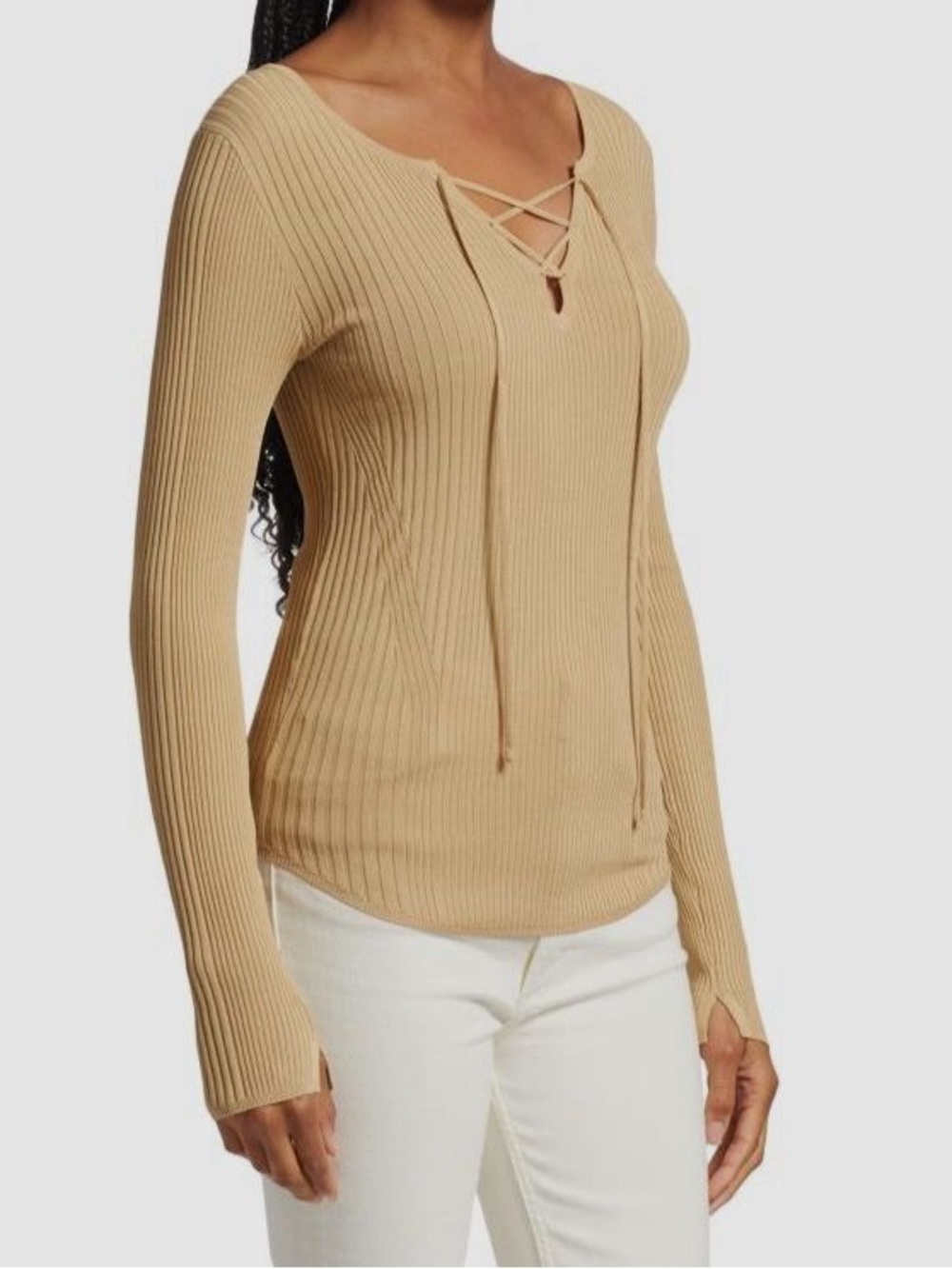 rag & bone Neutral Ribbed Knit Carrie Lace-Up Rib Blouse Top Medium